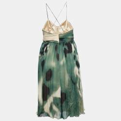 Pre Owned Roberto Cavalli Beige & Green Printed Pleated Silk Mini Dress S