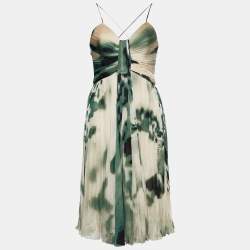 Pre Owned Roberto Cavalli Beige & Green Printed Pleated Silk Mini Dress S