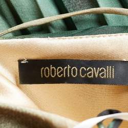 Pre Owned Roberto Cavalli Beige & Green Printed Pleated Silk Mini Dress S