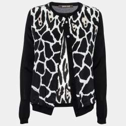 Pre Owned Roberto Cavalli Black Printed Silk Inset & Knit Long-Sleeve Cardigan S