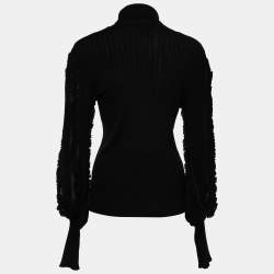 Pre Owned Roberto Cavalli Black Rib Knit Wool Silk Trimmed Turtle Neck Sweater L