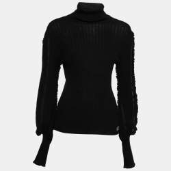 Pre Owned Roberto Cavalli Black Rib Knit Wool Silk Trimmed Turtle Neck Sweater L