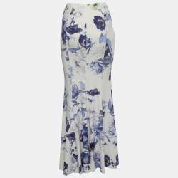 Pre Owned Roberto Cavalli White Floral Print Stretch-Jersey Maxi Skirt L