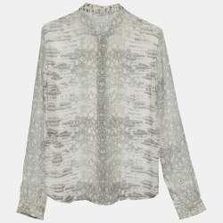 Pre Owned Roberto Cavalli Light Grey Snakeskin Printed Silk Button Front Shirt S