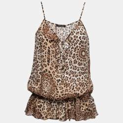 Pre Owned Roberto Cavalli Brown Animal Printed Silk Sleeveless Top M
