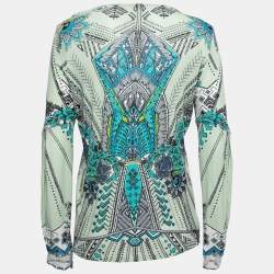 Pre Owned Roberto Cavalli Multicolor Printed Jersey Lace Trimmed Top M