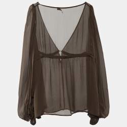 Roberto Cavalli Brown Silk Bell Sleeve Top L