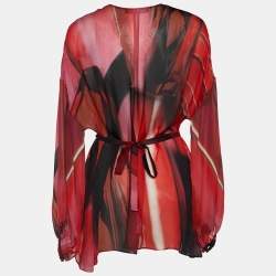 Pre Owned Roberto Cavalli Red Abstract Print Silk Embellished Detail Blouse L