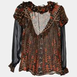 Pre Owned Roberto Cavalli Black & Brown Printed Silk Ruffled Blouse M
