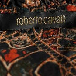 Pre Owned Roberto Cavalli Black & Brown Printed Silk Ruffled Blouse M