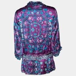 Pre Owned Roberto Cavalli Purple Floral Print Silk Blouse M