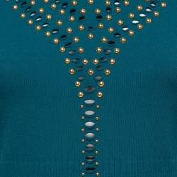 Pre Owned Roberto Cavalli Teal Blue Knit Eyelet Stud Embellished Sleeveless Dress M