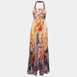 Pre Owned Roberto Cavalli Multicolor Floral Printed Silk Halterneck Wrap Maxi Dress M