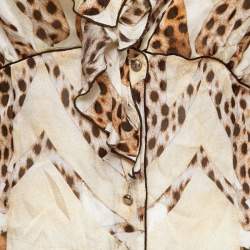 Pre Owned Roberto Cavalli Beige & Brown Animal Printed Silk Ruffled Top M