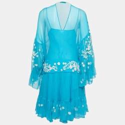 Pre Owned Roberto Cavalli Blue Floral Embroidered Silk Chiffon Dress S 