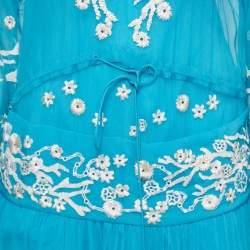 Pre Owned Roberto Cavalli Blue Floral Embroidered Silk Chiffon Dress S 