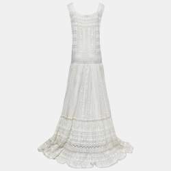 Pre Owned Roberto Cavalli White Cotton & Lace Trim Maxi Dress M