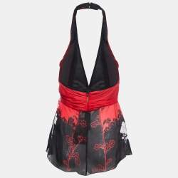 Pre Owned Roberto Cavalli Black & Red Floral Printed Silk Halter Top S