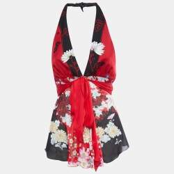 Pre Owned Roberto Cavalli Black & Red Floral Printed Silk Halter Top S