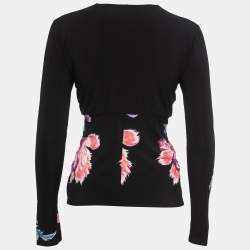 Pre Owned Roberto Cavalli Black Floral Printed Jersey Knot Detail Top M