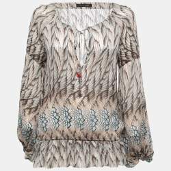 Pre Owned Roberto Cavalli Brown Printed Silk Tie Front Blouse S