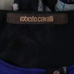 Pre Owned Roberto Cavalli Blue Leaf Printed Silk Ruffled Blouse S