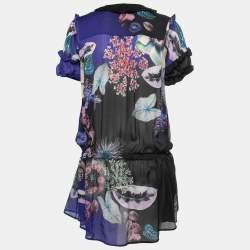 Pre Owned Roberto Cavalli Blue Leaf Printed Silk Ruffled Blouse S