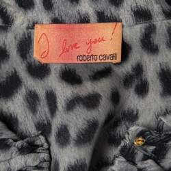 Pre Owned Roberto Cavalli Blue Animal Printed Ruffled Blouse M