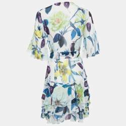 Pre Owned Roberto Cavalli Multicolor Floral Print Silk Ruffle Belted Dress S