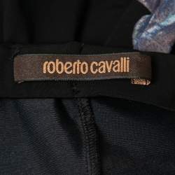 Pre Owned Roberto Cavalli Black Jersey Multicolor Floral Print Pleated Detail Maxi Skirt M