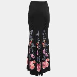 Pre Owned Roberto Cavalli Black Jersey Multicolor Floral Print Pleated Detail Maxi Skirt M