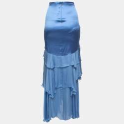 Pre Owned Roberto Cavalli Light Blue Silk Satin Ruffle Detail Maxi Skirt M