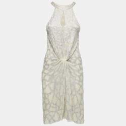 Pre Owned Roberto Cavalli Beige Sequin-Embellished Silk Halter Neck Dress S