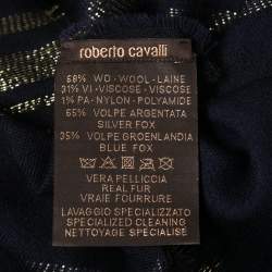 Pre Owned Roberto Cavalli Blue Wool Fur Trimmed Collared Poncho One Size