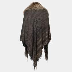 Roberto Cavalli Brown Wool Fur Trimmed Collared Cape One Size