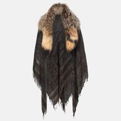 Roberto Cavalli Brown Wool Fur Trimmed Collared Cape One Size