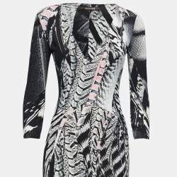 Pre Owned Roberto Cavalli Black Abstract Printed Jersey V-Neck Maxi Dress M