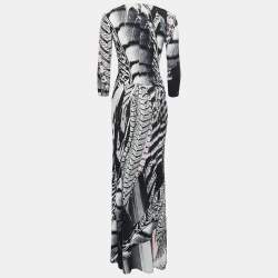 Pre Owned Roberto Cavalli Black Abstract Printed Jersey V-Neck Maxi Dress M
