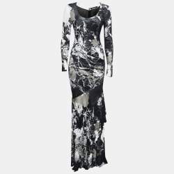 Pre Owned Roberto Cavalli Black Abstract Printed Jersey Ruched Maxi Dress M