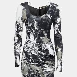 Pre Owned Roberto Cavalli Black Abstract Printed Jersey Ruched Maxi Dress M