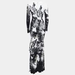 Pre Owned Roberto Cavalli Black Abstract Printed Jersey Ruched Maxi Dress M