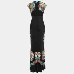 Pre Owned Roberto Cavalli Black Floral Printed Jersey Maxi Dress M