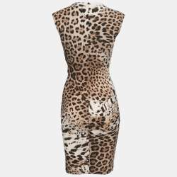Pre Owned Roberto Cavalli Brown Animal Printed Jersey Ruched Bodycon Dress S
