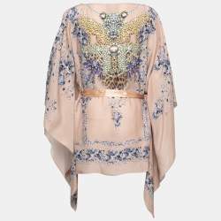 Pre Owned Roberto Cavalli Beige Jeweled Printed Silk Kaftan Top L