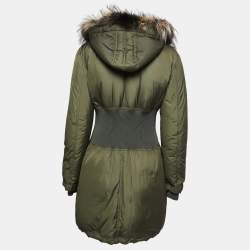 Pre Owned Roberto Cavalli Military Green Synthetic and Fur Trimmed Hooded Paded Coat M