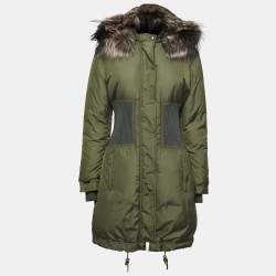 Pre Owned Roberto Cavalli Military Green Synthetic and Fur Trimmed Hooded Paded Coat M