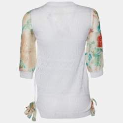 Roberto Cavalli White Perforated Knit & Printed Silk Sleeve Cardigan S