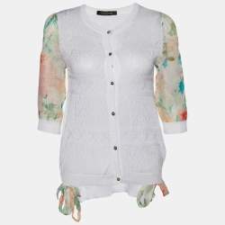 Roberto Cavalli White Perforated Knit & Printed Silk Sleeve Cardigan S