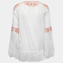 Pre Owned Roberto Cavalli White Cotton Embellished Peasant Blouse M