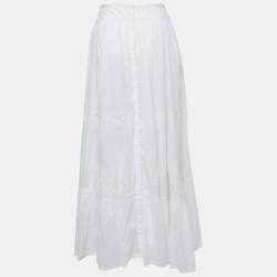 Pre Owned Roberto Cavalli White Cotton Lace Detail Gathered Maxi Skirt M